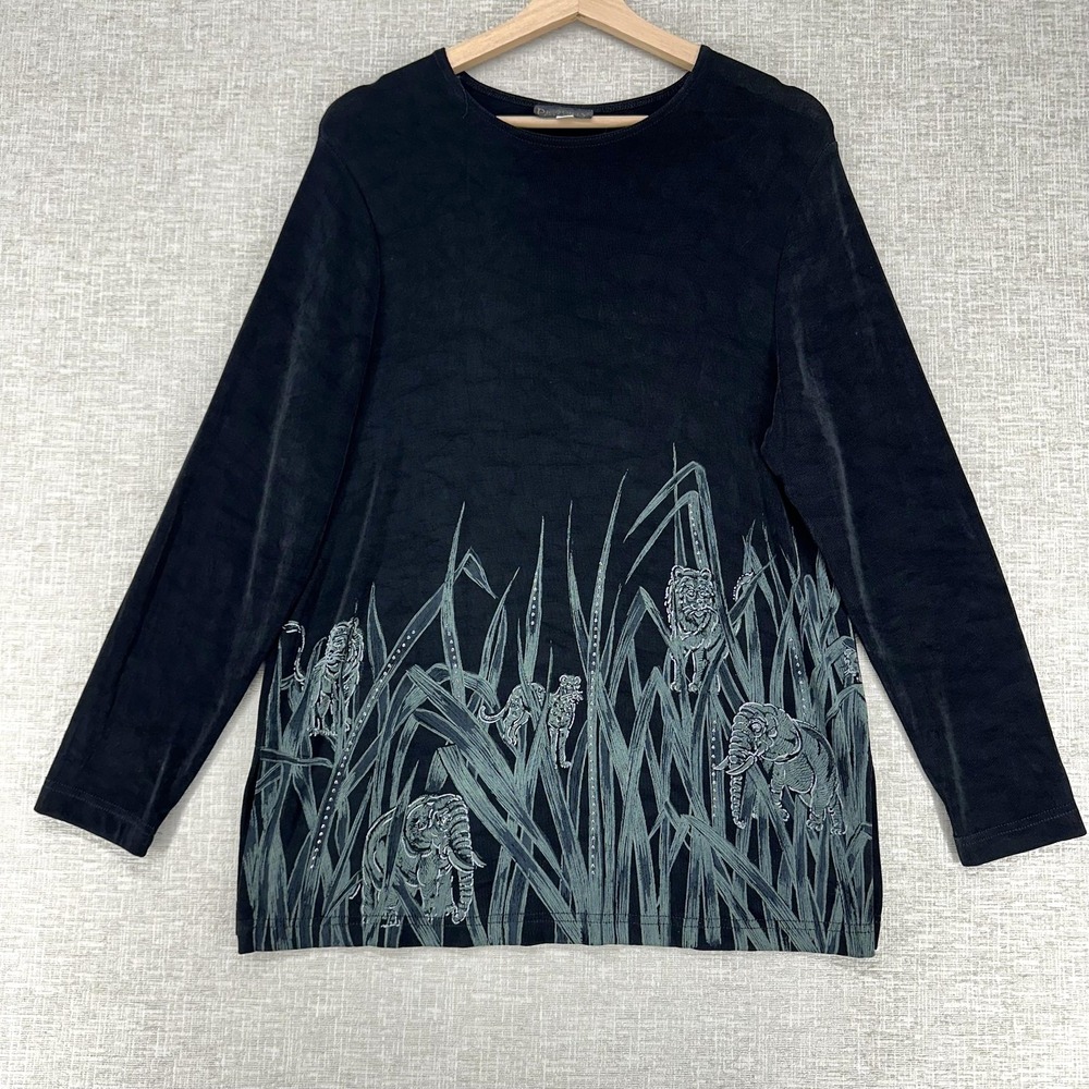 Picadilly Fashions Shirt Womens Petite Small Black Animal Print Slinky Tunic Top